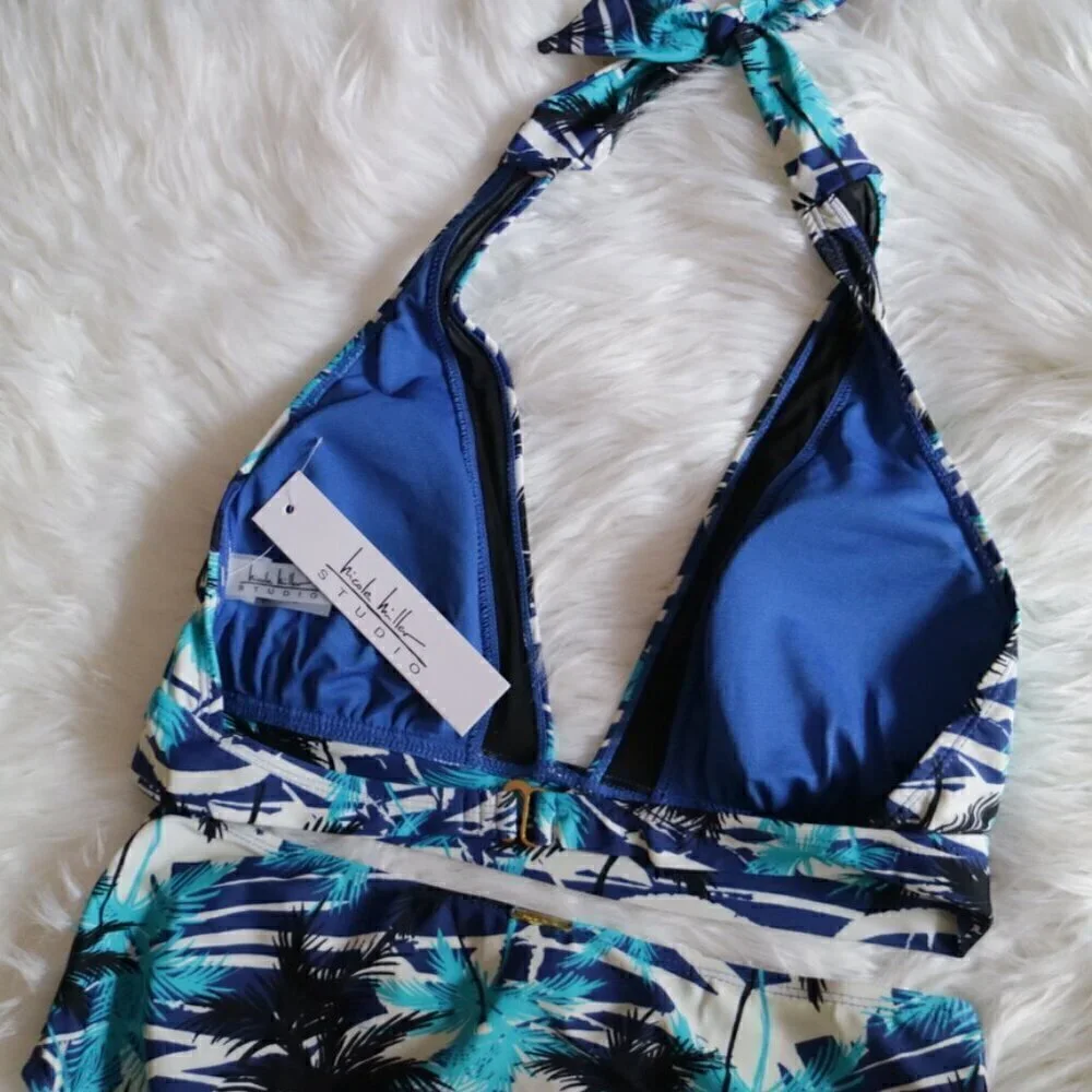 NWT Nicole Miller Bikini Set Size 8 (Medium) Black Blue Tropical Bathing Suit